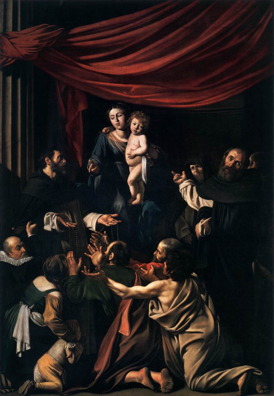 カラヴァッジョ　「ロザリオの聖母 」1606-07　　364 x 249 cm　　ウィーン美術史美術館